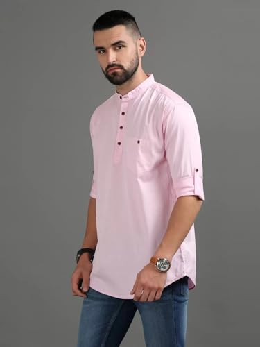 Image of DEEMOON Men's Cotton Blend Full Sleeve Short Kurta with Mandarin Collar Crafted from a Premium Cotton Blend
