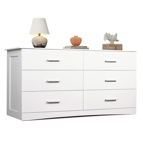 WLIVE White Dresser with 6 Drawers, Wide Wood Chest of Drawers for Bedroom, Large White Storage Tower Unit, Modern Minimalist Closet Store Organizer for Living Room, Hallway