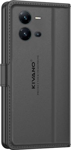 Image of KIVANO LUXE Compatible for Vivo V25 5G Luxury Handmade Leather Magnetic Flip Folio Case | Card Holder & Kickstand | Slim Protective Cover | Unisex - Black