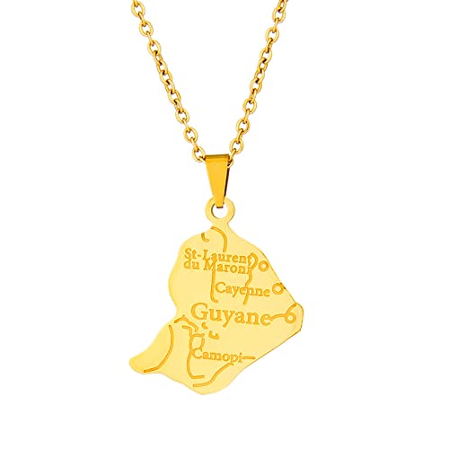 Collier Pendentif Carte De Guyane Française - Charm Pendentif Carte avec Motif De Nom De Villes, Ornement Ethnique Patriotique, Bijoux Cadeaux pour Femmes Et Hommes, Jaune, Long