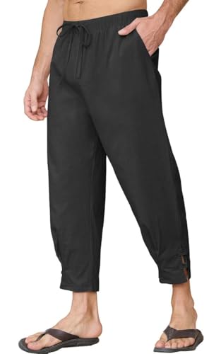 Yutdeng Leinenhose Herren Lang Sommerhose Leicht 7/8 Hose Herren Sommer Leinen Hose Baggy Hose Lockere Strandhose mit Taschen mit Kordelzug Freizeithose Dünne Leinenhosen Baumwolle,Schwarz,L