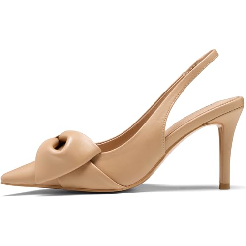 Image of Women's Slingback Heels with Bow Pointed Toe Pumps with Elasticated Strap 3.3 inch High Heels for Evening Dress Shoes