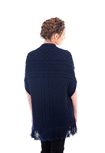 Image of SAOL 100% Merino Wool Shawl /Poncho Sweater /Open Cardigan /Wool Cape with Pockets with Fringe Trim and Trinity Knot Button