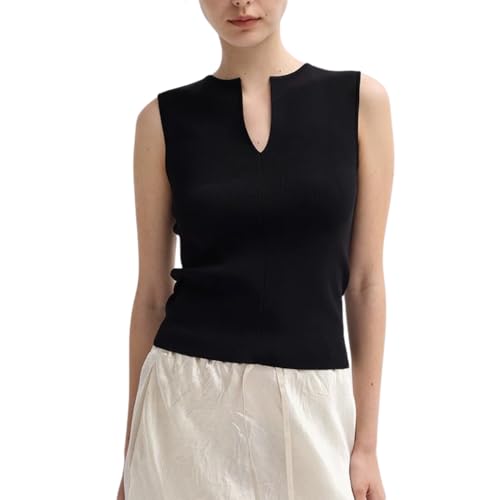 Image of Women Summer Sleeveless Sweater Vest Minimalist V-Slit Neck Slim Fit Pullover Tank