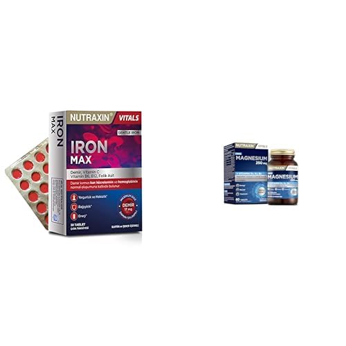 Nutraxin Iron Max 30 Tablet – Demir, C Vitamini, Folik Asit ve B12 Vitamini İçeren Takviye + Nutraxin Magnesium Daily 250 mg | Magnezyum, D3K2 ve B6 Vitaminli| 60 Tablet