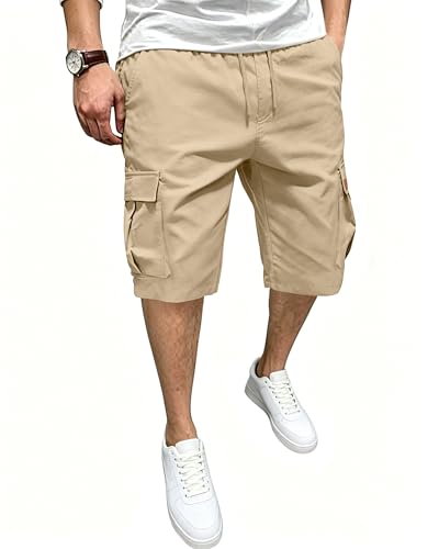 DOWMQ Mens Cargo Shorts Elastic Waist Drawstring Hiking Shorts for Men Stretch Casual Short with 5 Pockets Khaki