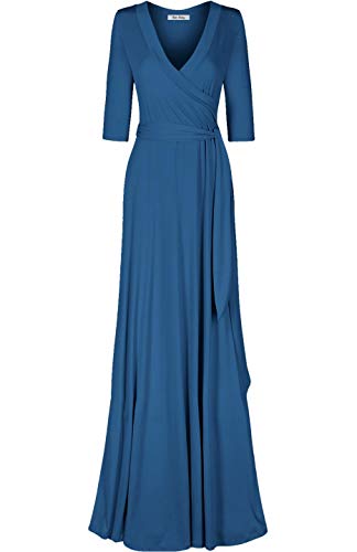 Image of Women's 3 /4 Sleeve Deep V-Neck Maxi Faux Wrap Solid Plus Size Dress