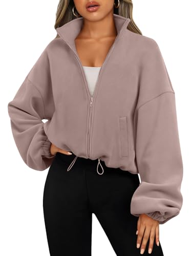 AUTOMET Womens Fleece Jackets Zip Up Oversized Sweatshirts Winter Clothes Long Sleeve Crop Sherpa Fall Outfits Fashion CoffeeGrey S