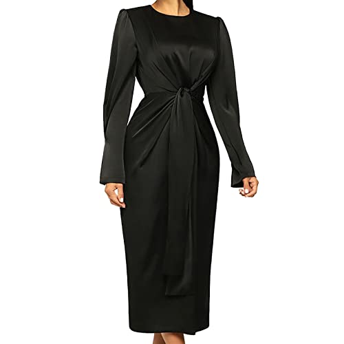 AMDOLE Vestidos largos casuales para mujer, color sólido, temperamento, cuello redondo, manga larga, vestido de moda casual, vestido de Congo, Negro, L