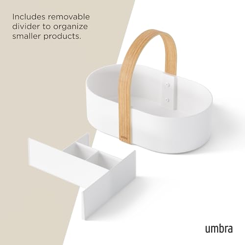 Umbra Bellwood Caddy, Organizer Bin for Makeup and Cosmetics, Durable Lightweight Container with Wooden Handle and Removable Dividers, Small, White/Natural