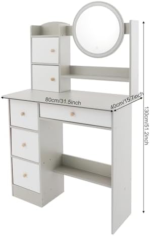 Grey Makeup Vanity Desk with LED Mirror, Princess Dressing Table for Girls, 31.5"x16"x51" with Storage Drawers & Shelves, for Kids & Teens