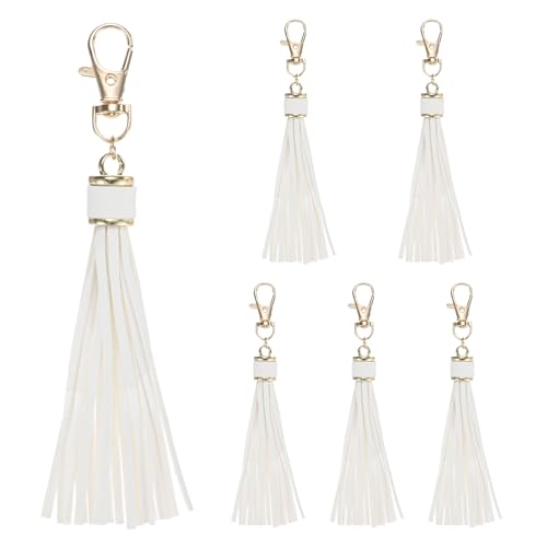 M METERXITY 6-Pack PU Leather Tassel 5.9 Inch Small Keychain Rust Faux Leather Tassels Charm White with Rings for DIY Crafts/Keychain/Earrings/Bracelets/Necklace