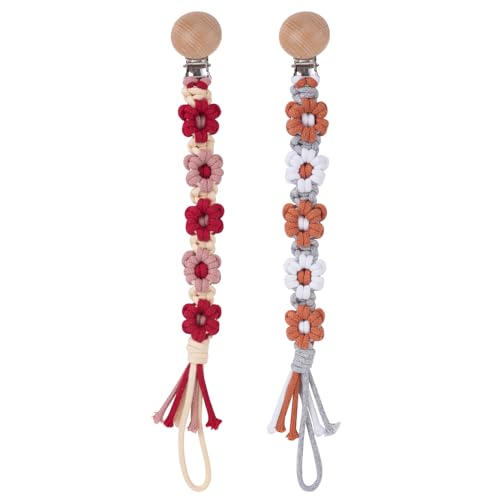 Image of Pacifier Clip for Boys Girls Floral Daisy Macrame Baby Paci Clip Pacifier Holder Leash Boho Wooden Clips Handmade Braided Cotton Binky Clips (2pack:Red Daisy x 2)