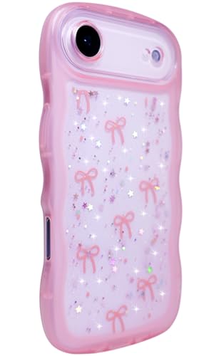 Qokey for iPhone 17 Air Case, Glitter Star & Curved Edge Handle Grip Design, Military-Grade Shockproof Transparent TPU Cover, Sparkle Protection Scratch-Resistant, Holographic Pink Bow - image 2