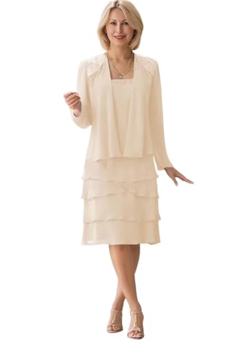 Short Mother of The Bride Dresses for Wedding Long Sleeve Lace Chiffon Tiered Formal Gown with Jacket