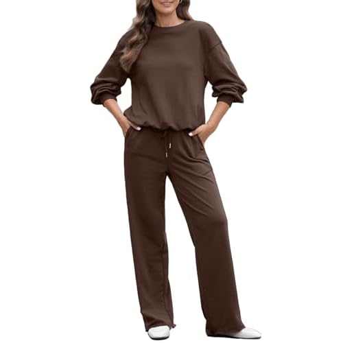 Aleumdr Women 2 Piece Outfits Sweatsuit Oversized Crewneck Sweatshirt High Waist Drawstring Wide Leg Pants Pockets Lounge Set Large Coffee