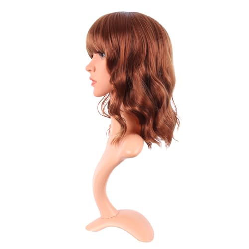 Image of MapofBeauty 14 Inch /35 cm Short Wavy Curly Women Fresh Bright Synthetic Ordinary Flat Bangs Bob Wig (Ginger Orange)