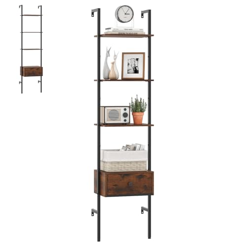HOMASIS Étagère à 5 Niveaux et tiroirs, 177 cm Étagère Murale avec Cadre métallique, Montage Mural Bibliothèque, étagère Ouverte Étagère de Bureau avec...