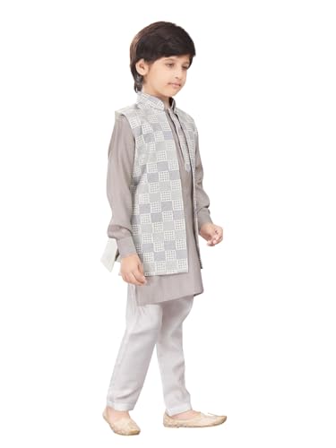 Kurta Pajama for Boys, Cotton Silk with Embroidered Nehru Jacket, Grey, kurta for Boys2