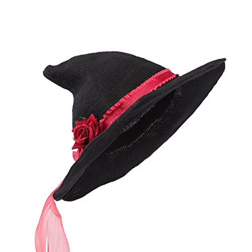 TINAYAUE Dark Novel Gothic Black Knitted Witch Hat with Rose Flower Bowknot for Women Girls Wide Brim Pointed Modern Wizard Cap Halloween Cosplay Carnival Fancy Dress Party Christmas Costume Headgear - Image 3