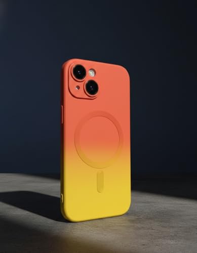 Image of amazon basics Gradient Mag-Safe Case for iPhone 15 | Soft Silicone Shockproof Cover with Camera Protection | Slim Lightweight Design | Smooth Touch & Durable - Orange & Yellow