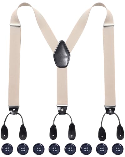 Kajeer Men Button Suspenders Adjustable, Heavy Duty Y-Back Elastic Tuxedo Elastic Mens Suspenders with Leather Buttons End