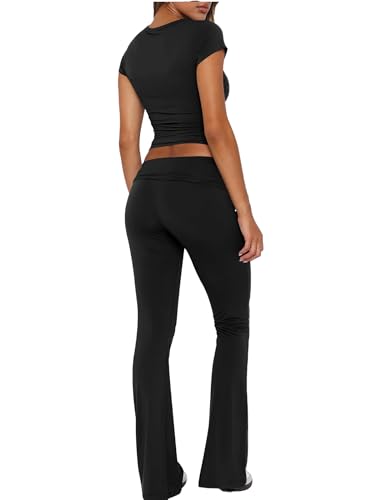 chicyes Lounge Sets for Women 2 Piece Foldover Yoga Flare Leggings Pants Crop Tops Casual Y2K Outfits Matching Tracksuit Set4