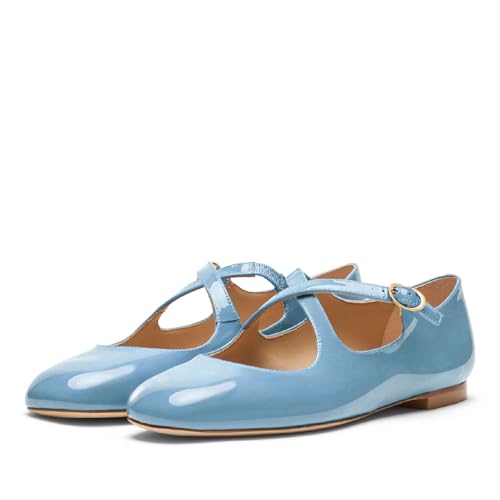 Women's Square Closed Toe Crisscross Ballet Flats Chic Patent Leather Cross Strap with Buckle Mary Jane Flat Shoes Casual Dressy Comfortable Flats for Women Light Blue Size 9