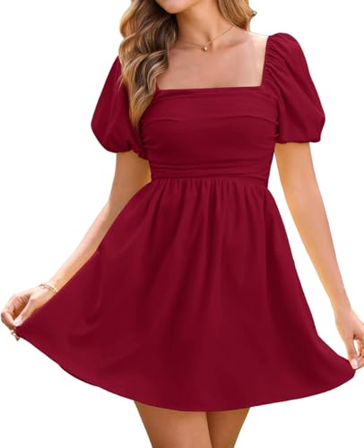 Image of Women Puff Sleeve Graduation Short Dress | Square Neck A Line Casual Sundress Beach Wedding Guest Mini Dress