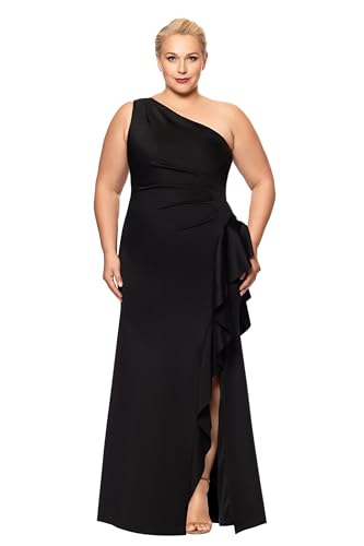 Image of Xscape Women's Floor Length One Shoulder Ruched Waist with Ruffle Bodice Evening Dress with Side Slit