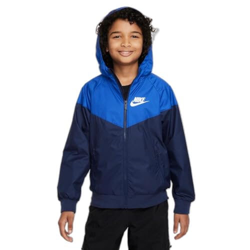 Nike Sportswear Windrunner Big Kids (Boys) Loose Hip-Length Hooded Jacket (US, Alpha, Large, Regular, Midnight Navy/Game Royal/Midnight Navy/White)