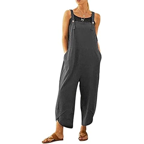 BRONG Womens Overalls Casual Loose Dungarees Soft Cotton Linen Womens Jumpsuit Baggy Playsuit Adjustable Straps with Pockets Cover