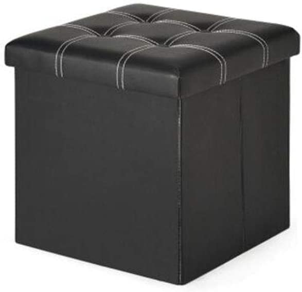 Pouf de rangement noir 38cm en faux cuir tufté et assise mousse
