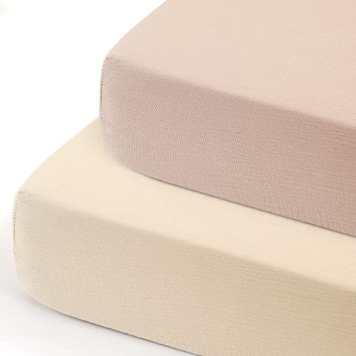 Image of GRSSDER Soft Muslin Crib Sheet 2 Pack, 100% Cotton Crib Sheets for Boys and Girls, Fit Standard Crib Mattresses 52" x 28" Safe and Snug, Beige/Natural