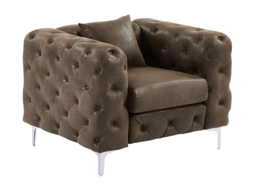 Vente-unique Chesterfield Sofa-Set, Mikrofaser, Braun, 220 cm x 91 cm x 76 cm, 3er Set (Sofa, Sessel, Hocker), Vintage-Leder-Optik, Edwina – Bild 6