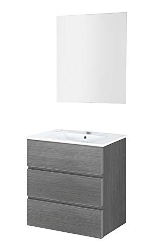 Baikal 830134021 Conjunto Completo de Baño 60cm distribución 3 cajones, Incluye Lavabo cerámico y Espejo Luna Lisa, Melamina 16mm, Acabado en Roble Gris Ceniza, 60 X 76 X 46 cm