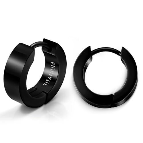 TGNEL Black Mens Titanium Hoop Earrings for Sensitive Ears, Classic Polished Small Titanium Huggie Earring for Men Women