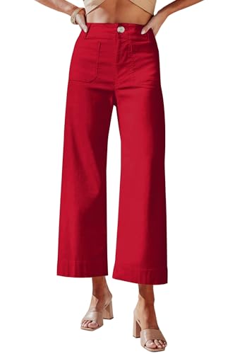 miduo Womens Summer Spring Casual 2026 Capris Pants Button High Waisted Crop Wide Leg Straight Leg Pants Trousers with Pockets Red 28