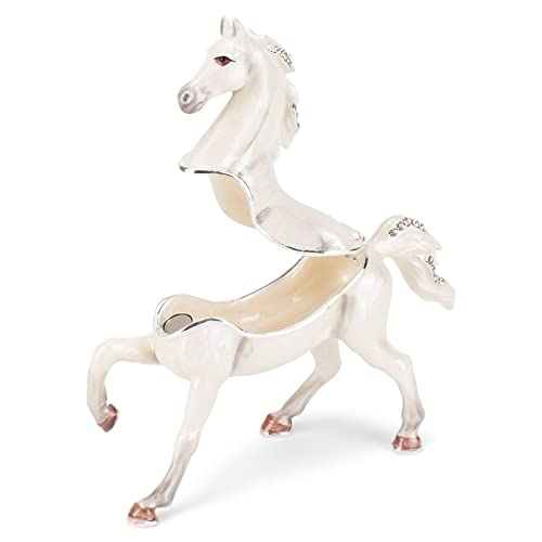 Cottage Garden Hand Painted Metal Enamel Hinged Trinket Box Ornamental Mini Jewelry Ring Earring Organizer Vintage Collectible Figurine Keepsake Box With Bejeweled Crystals, White Arabian Horse #TOP2