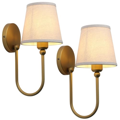 Pathson Antique Linen Fabric Wall Sconces Set of 2, Hardwired Curved Arm Bathroom Vanity Light, Indoor Wall Decor Lamp for Living Room, Kitchen, Bedroom, Foyer by Pathson - Used condition - CA$94.30