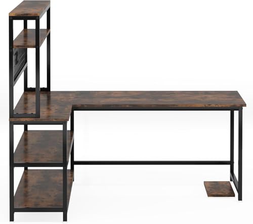Image of L Shaped Office Table | Wooden Study Table with Bookshelf | Computer Table with Storage Shelves for Home & Office | Modern Workstation Desk for Laptop, Study & Work from Home Setup | 140x50x150 cm