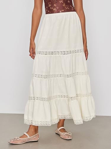 CIDER Santorini Beach Vacation Woven Mid Rise Floral Ruffle Hem Tiered Maxi Skirt2