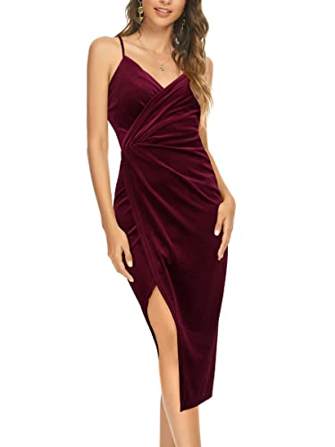 Image of Missufe Women's Sleeveless Spaghetti Strap Wrap V Neck Bodycon Ruched Slit Midi Party Cocktail Velvet Dress