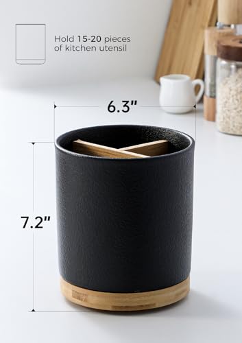 Image of LoeJan 3 Compartment Utensil Holder, Extra Large Utensil Crock, Stable Ceramic Utensil Organizer, Cooking Tool Organizer Set for Kitchen Counter Farmhouse Decor,Textured Black