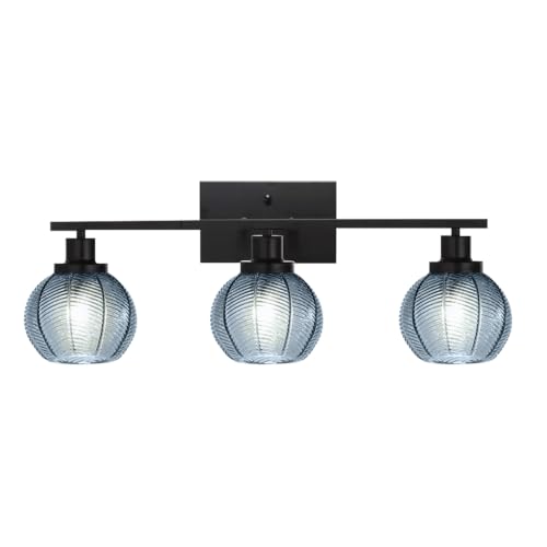 Image of Mid Century Blue Wall Sconce 3-Light Vanity Lighting Fixture | Anti-Rust Black Metal Vanity Light, Thick Ribbed Blue Textured Globe Glass, E26 Base, Wall Mount Bath Sconce for Bedroom