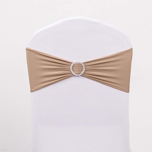 Tableclothsfactory 5 Pack Nude Stretch Spandex Chair Sash with Silver Diamond Sash Pin Banquet Chair Band for Event Decor