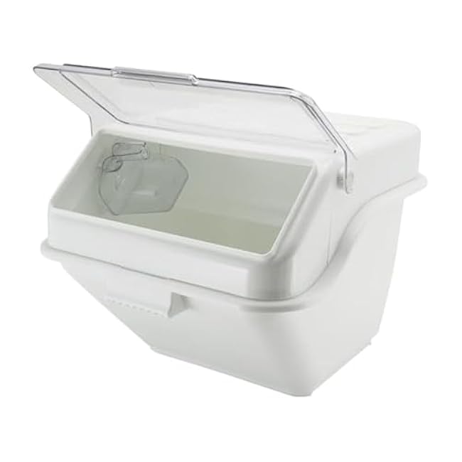Soro Essentials- 10 Gallon Shelf Ingredient Bin with Hinged Clear Lid Plastic Scoop White Color- Kitchen Food Container Food Storage for Sugar Grains Rice Baking Supplies