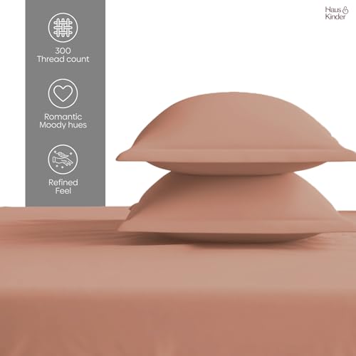 Image of haus & kinder Bedsheet Double Bed, 300 TC Cotton Sateen Weave, Fitted Bedsheet for Double Size Bed, Silky Smooth (Apricot, 60x78)