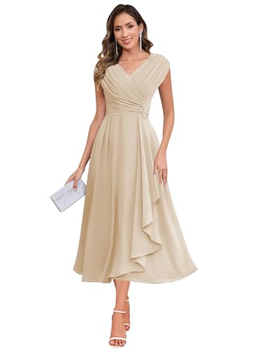 Image of SOLODISH Mother of the Bride Dresses for Wedding Tea Length Chiffon A Line Formal Wedding Guest Party Gown