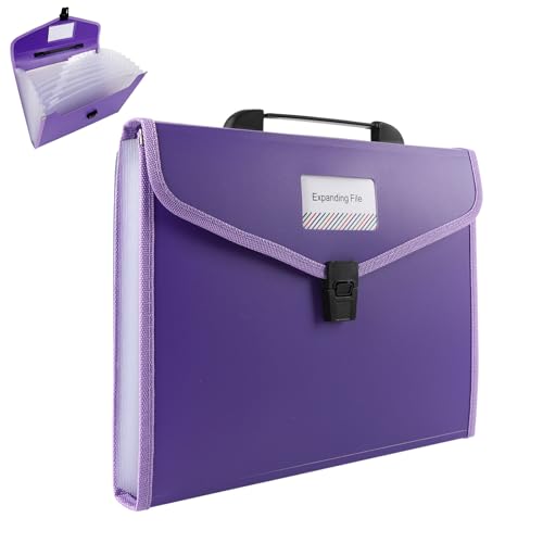 A4 File Organiser Box Files Folder with Handle,13 Pockets Portable Document Folders for Paperwork,Concertina File Expanding Filing Box Paper Organiser for Office School Home with Tabs (Purple)